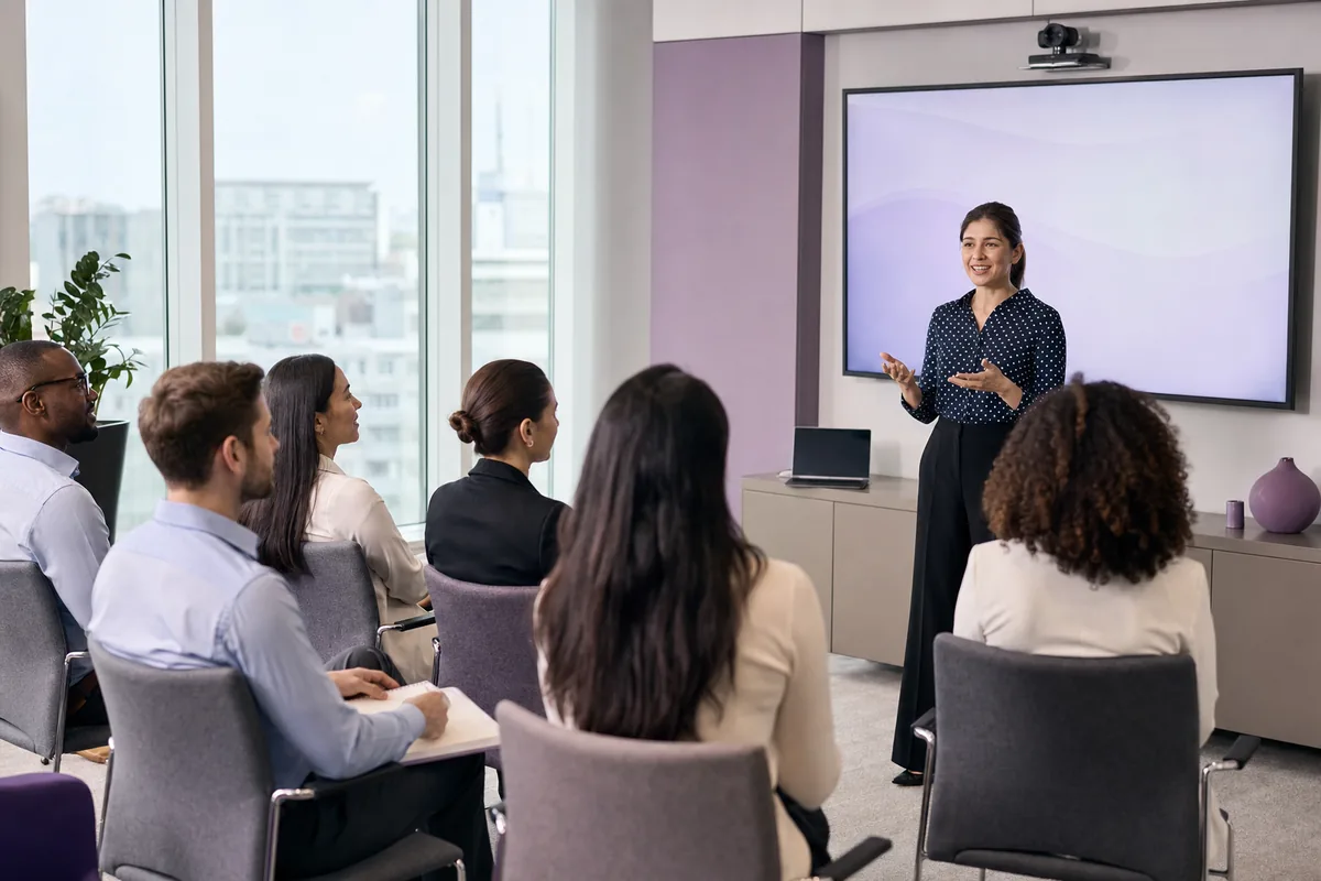 Sessão de treinamento corporativo com colaboradores atentos